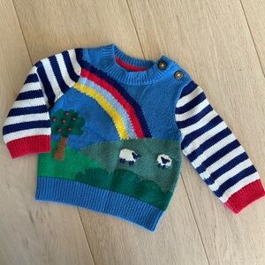 Baby Boden 3/6 Blue Striped Sweater with Rainbow and Sheep